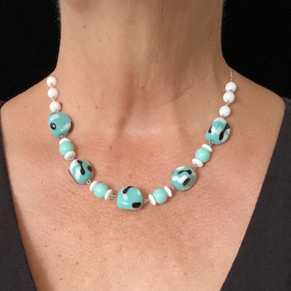 Handcrafted Japanese Turquoise Abstract Glass Bead Necklace